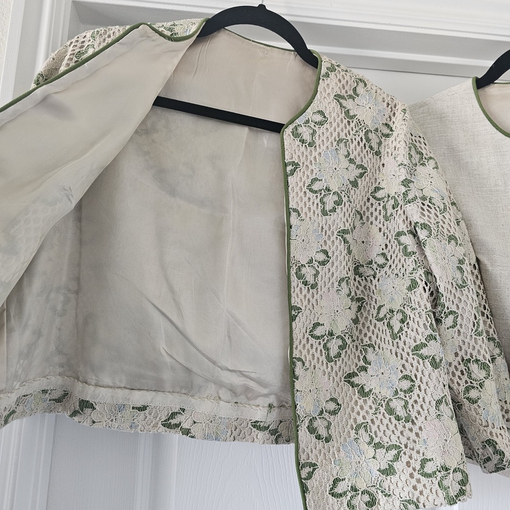 1960s Vintage Blouse Jacket Set Floral Crochet Lace Linen Top #86 - Picture 3 of 6